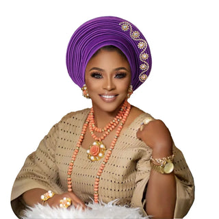 New African Headtie Turban Nigeria Head Ties with Flowers Already Made Auto Gele Women Head Wraps for Wedding Party