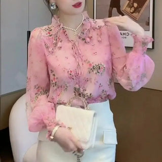 Flowers Printed Fashion Tassel Drawstring Blouse
