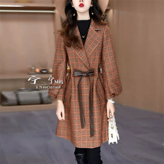 Women's Plaid Woolen Coat Fall Winter New Elegant Office Lady Notched Collar Lace-Up Jacket Fashion Bright Silk Outerwears 600P