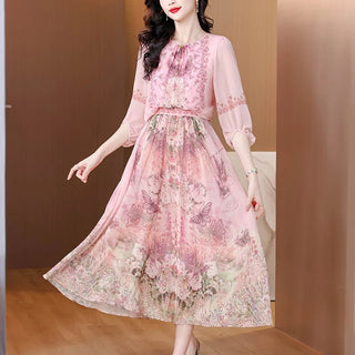 Luxury Vintage Print Silk Evening Holiday Dress - Epictzar Intl.