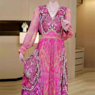 Casual Women's Printed Holiday Dress Spring New Fashion Patchwork V-Neck Puff Sleeve Bohemia Elegant Midi Party Vestidos 141B