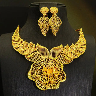 Women's 24K Gold Flower Grass Hollow Jewelry Set (4pcs), AU999 Floral filigree design with "Lush" engraving & hidden vine motif