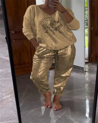 Plus-size suit women's casual fashion metal eye decoration long-sleeved shirt casual pants plus-size women's clothing