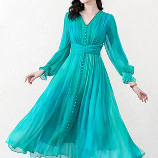 Vintage Print Women Holiday Dress Elegant Beading V-Neck Long Sleeve Slim High Waist Midi Dress Female Summer Robe Clothing J099