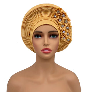 New African Headtie Turban Nigeria Head Ties with Flowers Already Made Auto Gele Women Head Wraps for Wedding Party
