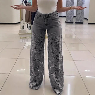 Ladies Sexy Lace Hollowed Out Jeans Summer Retro Solid Color Wide Leg Pant 2025 Casual Crochet Spliced High Waist Trousers New