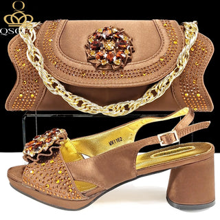 QSGFC 2024 Newest INS Style Gold Color Elegant Women High Heels Nigeria Popular Designer African Ladies Shoes And Bag Set