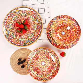 Mandala Dinnerware Sets (16 PCS) Serves for 4, Buffet Dinnerware, Boho Plates and Bowls Set with 8.3" salad Plate 8.6"/10.6"dinn