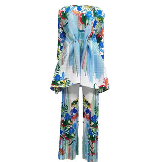 ANLAN 2024 Autumn New Miyake Pleated Two Piece Set For Women Print Long Sleeve Lace Up Waist Wrap Top Casual Pants Sets 7YK3519