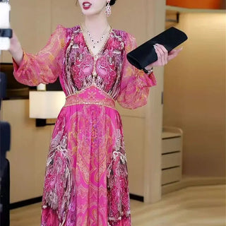 Casual Women's Printed Holiday Dress Spring New Fashion Patchwork V-Neck Puff Sleeve Bohemia Elegant Midi Party Vestidos 141B