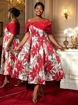 Off Shoulder Floral Jacquard Satin Dress