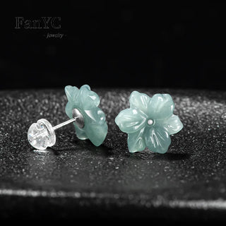 Natural Jadeite Blue Water Orchid Earrings S925 Silver Inlaid Hand-carved Exquisite Ancient Style Jade Petal Earrings Lady Gift