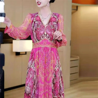 Casual Women's Printed Holiday Dress Spring New Fashion Patchwork V-Neck Puff Sleeve Bohemia Elegant Midi Party Vestidos 141B