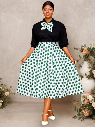 Two Piece Sets Women Outfits Polka Dot A Line Midi Skirt Bow Tie Blouse for Work Parties Church and Elegant Daytime Outfits