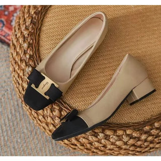New Temperament Elegant Fashion High-heeled Shoes Women's Shoes Spring Bow Mid-heel Leather All-match Thick-heeled Shoes