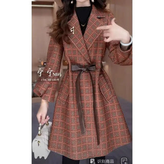 Women's Plaid Woolen Coat Fall Winter New Elegant Office Lady Notched Collar Lace-Up Jacket Fashion Bright Silk Outerwears 600P