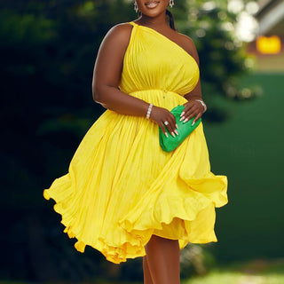 One Shoulder Pleated Knee Length Dress