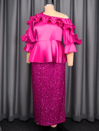 Women's One Shoulder Sequins Skirt Suit