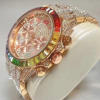 Luxury Iced Diamond Rose Quartz Wristwatch