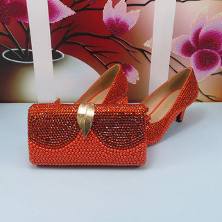 BaoYaFang Orange crystal Bridal Wedding shoes and purse for Women Pearl Rhinestone High Pumps shoes female Round Toe High Pumps