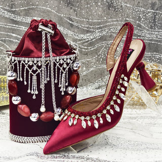 Venus Chan Fuchsia Color Pointed-Toe High Women Heels Shoes and Bags for Women Rhinestone Evening Party Elegant Luxury Handbag