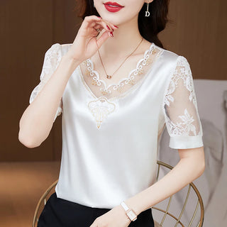 Satin Lace Floral Stitching V neck Blouse