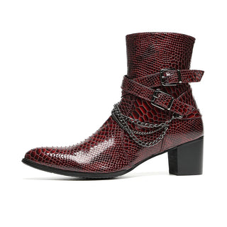 Men's Burgundy Snakeskin Ankle Boots: Chain, Buckles, Zip, Block Heel | Parties, Stage, Street | Rock Punk Style