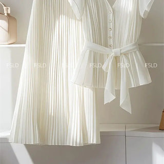 White Chiffon Women's Set Soft A-Line Pleated Long Skirt Short Sleeve Blouse Belt Single Breasted Shirts Suit 2 Piece Sets