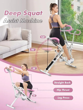Good Pink Squat Machine for Home,Rodeo Core Exercise Machine,330lbs Foldable,Adjustable 4 Resistance Bands,Ride & Rowing Machine