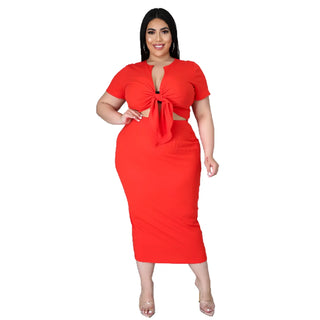 Plus Size New Arrival Fashional Women's Top and Skirt Suit Big Size V Neck Short Sleeve Casual Top ansd Skirt Set For Women