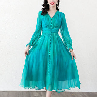 Vintage Print Women Holiday Dress Elegant Beading V-Neck Long Sleeve Slim High Waist Midi Dress Female Summer Robe Clothing J099