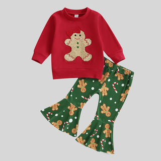 Christmas Gingerbread Man Girls Outfit Set Red Sweatshirt + Green Flared Pants 0-6Y Toddler Kids Clothing