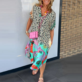 Summer Leopard Printed Maxi Dresses Plus Size Women Casual V Neck Short Sleeve Long Dress Beach Holiday Dress For Women Robe