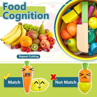 Wooden Fruit Vegetable Cutting Set with Cooking Apron Play Food Role Play Toy Kitchen Playset for Kids Children Gifts