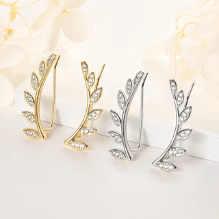 OXTAO Trendy Leaf-Shaped Piercing Earrings Sterling 925 Silver Round Cut D VVS1 Moissanite Climber Earrings for Women Jewelry