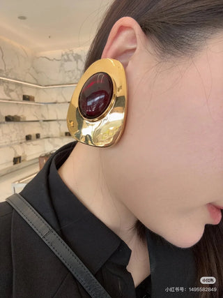 Oval design large crystal vintage earrings, dark green and dark red ear clips