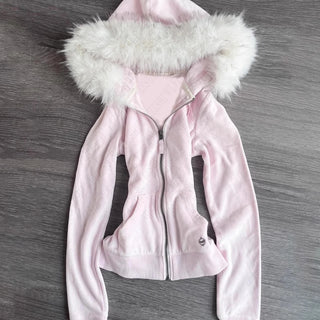 Millennial y2k vintage Spice girl slim slim waist pink zipper hooded hoodie jacket female autumn/winter design sense woolly hat