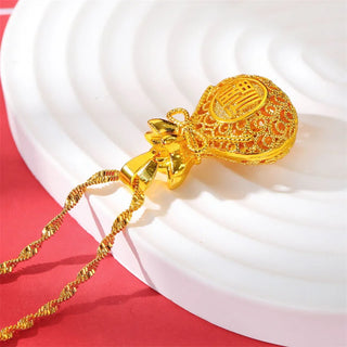 Fashion AU999 Real Gold Lucky Bag Pendant Necklace for Women 24K Gold Retro Hollow Money Bag Pendant Clavicle Chain gift