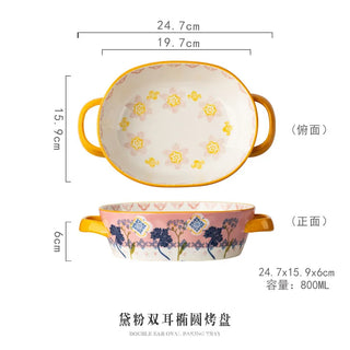 Bohemian Relief Double Ear Bowl, Ceramic Plate, Soup Plate, Oval Baking Tray, Tableware, Salad Bowl, Kitchen Utensils