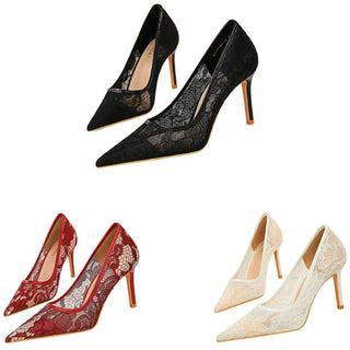 Women 9.5cm High Heels Daily Sexy Mesh Lace Hollow Pumps Lady Pointed Toe Stiletto Breatheable Nightclub Dance Shoes Plus Size