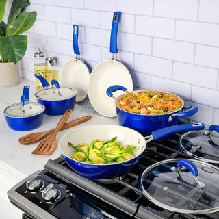 Arlington Nonstick Ceramic Coated Forged Aluminum Induction Cookware with Bakelite Handles, 12-Piece Set, Metallic Blue
