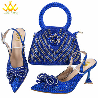 Orange Color New Arrivals Italian Design Nigerian Women Shoes and Bag Set Pointed Toe Slipper with Shinning Crystal for Party
