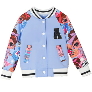 Girls Letter "A" Pattern Cartoon Doll Print Baseball Uniform Jacket, Children's Spring and Autumn Casual Jacket