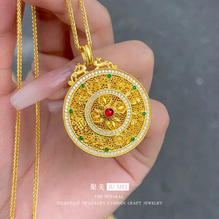 9999 24K real gold enamel ancient filigree pendant for women inlaid with diamond eight treasure compass palace style necklace