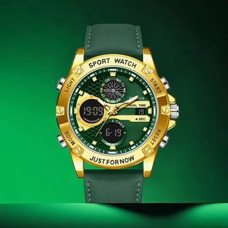 FOXBOX Outdoor Fashion Electronic Watches for Men Casual Sports Leather Waterproof Weeks Dual Digital Display Quartz Chronograph