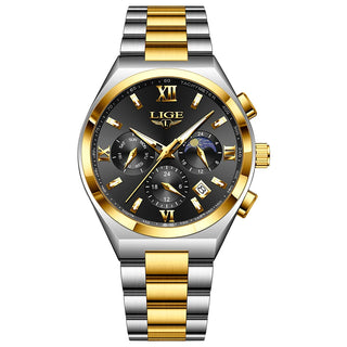 LIGE Luxury Man Watch Waterproof Calendar Business Quartz Wristwatch Fashion Moon Phase Gold Stainless Steel Men Watches Clock