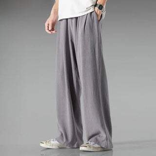 Summer Large Size Linen Cotton Wide Leg Pants Men Casual Comfortable Loose Fit Straight Leg Trousers Long Pants