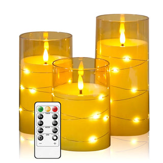 Flameless LED Candles with Embedded Star String Battery Operated Flickering Pillar Candle Light with Remote and Timer Home Decor