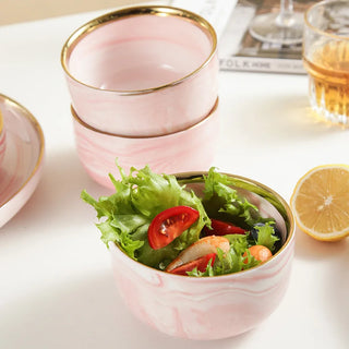 Pink Gilded Marble PatternPorcelain Dinner Plate Salad Noodles Bowl Spoon Ceramic Kitchen Tableware 1Set