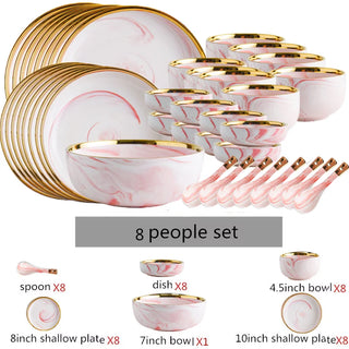 Pink Gilded Marble PatternPorcelain Dinner Plate Salad Noodles Bowl Spoon Ceramic Kitchen Tableware 1Set